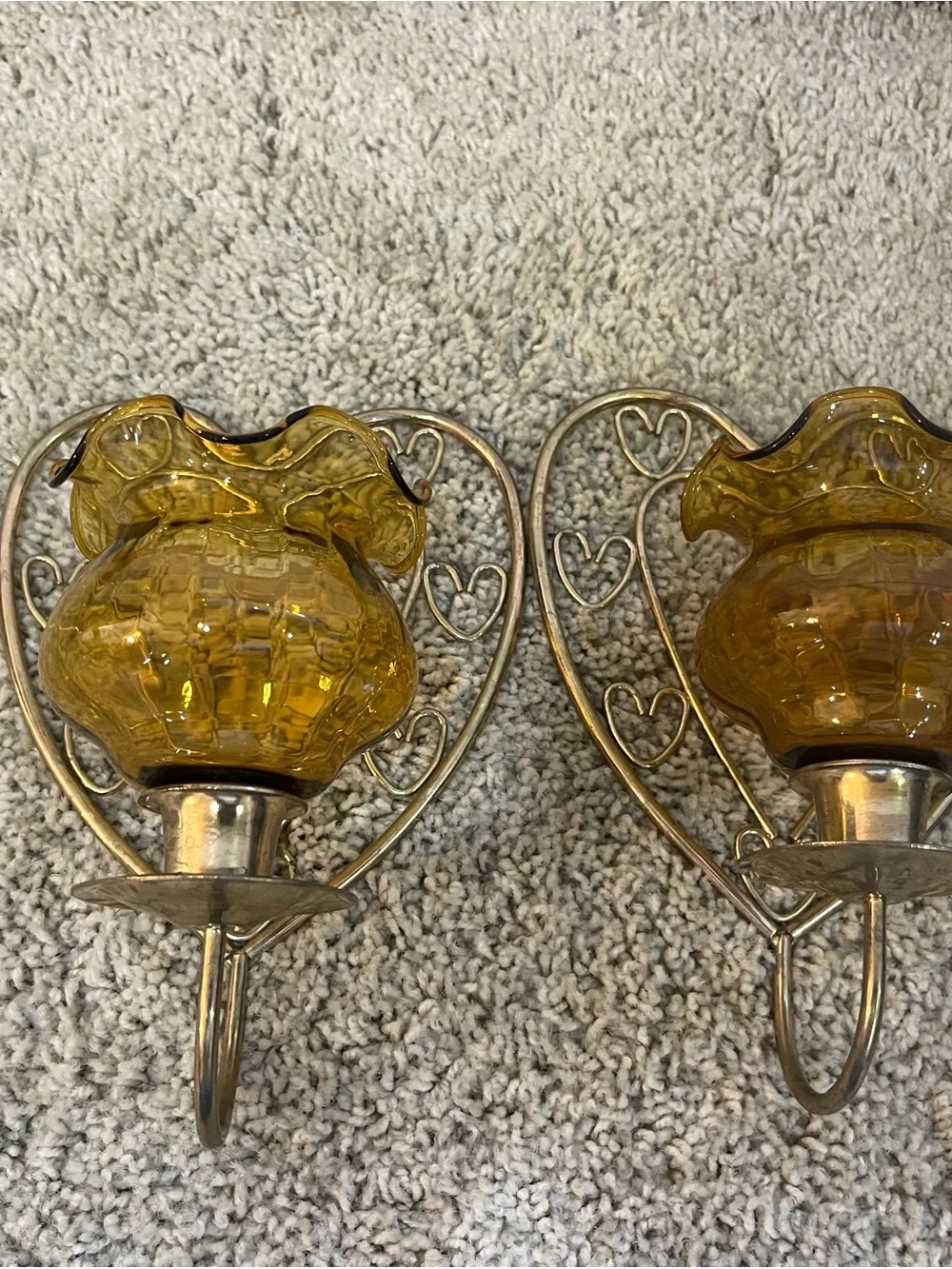Home Interiors Amber Glass Heart Wall Sconces with Ruffled Shades